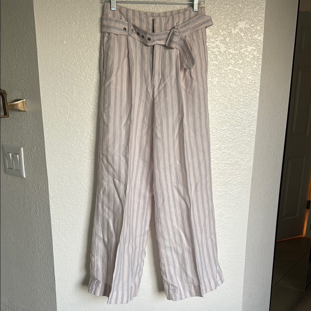 Rachel Zoe Striped Cream and Gray Wide-Leg Pants 100 ％Linen